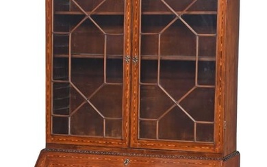 British Chippendale Style Inlaid Mahogany Secretary Bookcase