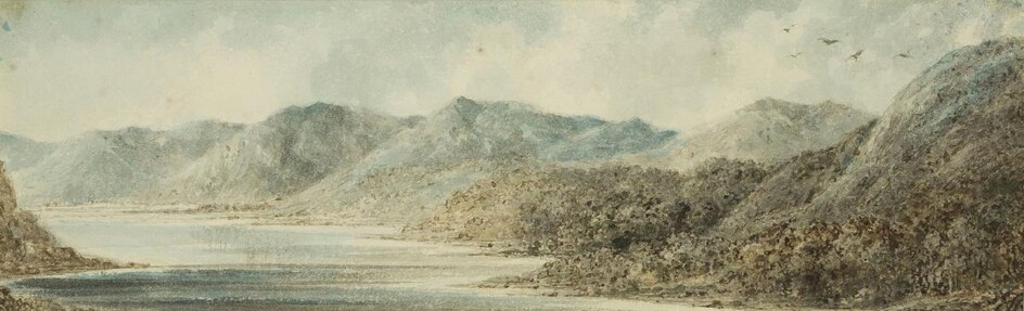 British School, 18th century- Landscape with river and hills; pencil and watercolour on paper, 10.6 x 35 cm. Provenance: Private Collection, UK.