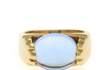 Bulgari: A “Tronchetto” tourmaline ring set with a cabochon blue tourmaline, mounted in 18k gold. Size 49.