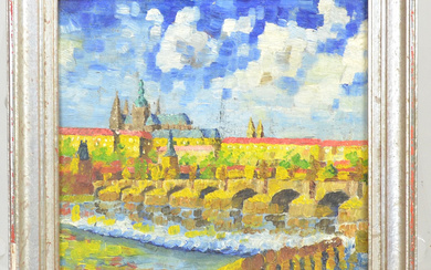CHARLES BRIDGE AND PRAGUE CASTLE HILL, UNKNOWN ARTIST, OIL ON CANVAS, 20TH CENTURY.