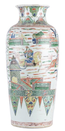 CHINE, Vase de forme rouleau à décor en famille verte et bleu, Epoque Kangxi vers 1680