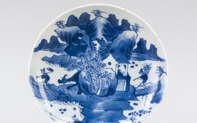 CHINESE BLUE AND WHITE PORCELAIN DISH With figural landscape decoration. Underglaze blue pomegranate mark on base. Diameter 5.6".