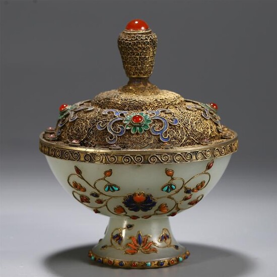 CHINESE GILT SILVER JADE INLAID CARVED LIDDED CUP