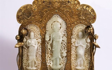 CHINESE JADE CARVED STAND GUANYIN IN GILT BRONZE NICHE