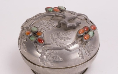 CHINESE PEWTER COVERED BOX WITH INLAY