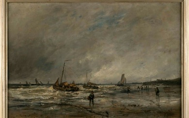 CONTINENTAL SCHOOL (19th Century,), Fishermen along the shore., Oil on canvas, 20" x 30". Framed