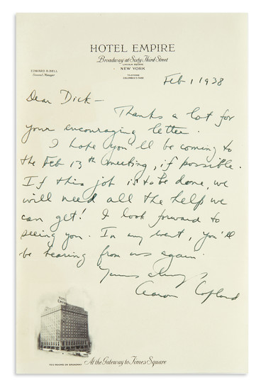 COPLAND, AARON. Two Autograph Letters Signed, to composer Richard Pindle Hammond ("Dear Dick"...