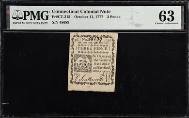 CT-215. Connecticut. October 11, 1777. 3 Pence. PMG Choice Uncirculated 63.