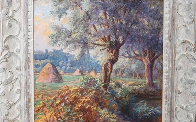 Cariot, Gustave (1872 - 1950), Paysage français avec des meules de foin et des arbres...