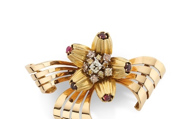 Cartier, Gold, diamond and ruby brooch, 1940s