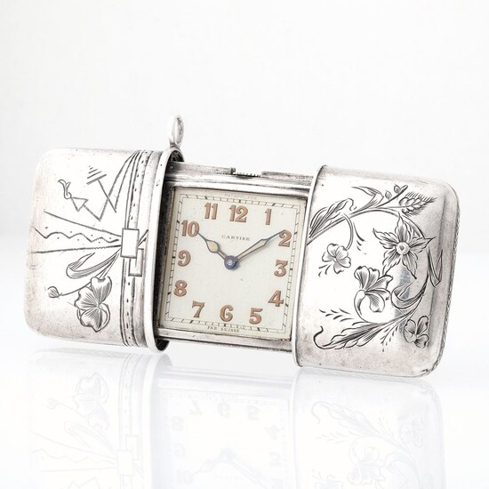Cartier – Unusual and Solid Movado Art Deco Ermeto Watch in Silver, Signed by Cartier With Box