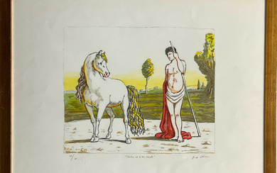 "Castore ed il suo cavallo" 1970 litografia a colori cm 52x69 firmata, titolata e numerata XIII/XV in basso a matita,…