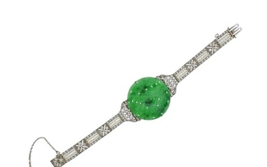 Certified Natural Jadeite Jade Art Deco Platinum Diamond Pearl Bracelet