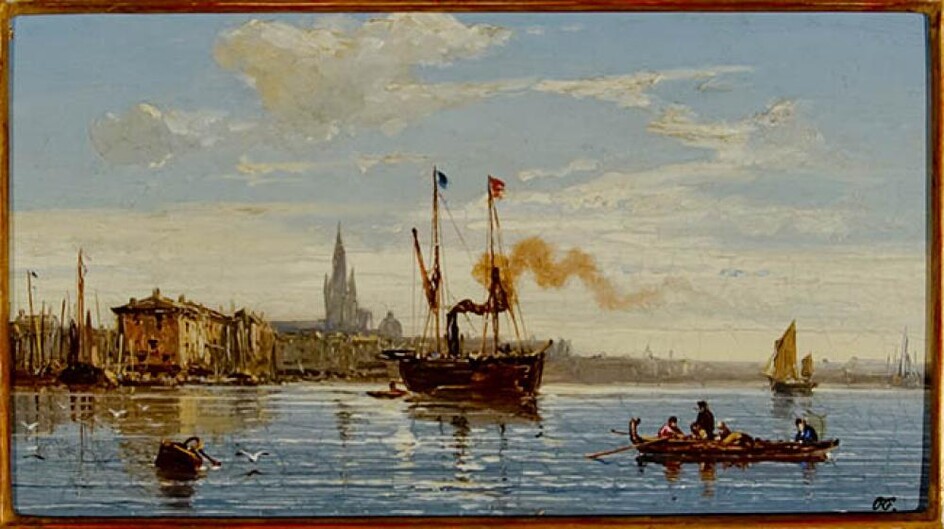 Charles E. Kuwasseg (French 1838-1904), Entering the Harbor, Oil on Panel, 5 x 9 inches
