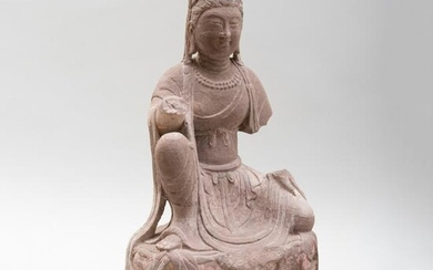 Chinese Carved Sandstone Enthroned Bodhisattva