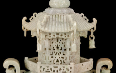 Chinese Celadon-Lavender Jade Archaistic Censer, Pagoda Cover