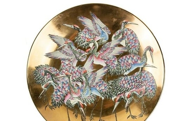 Chinese Crane Motif Hand-Painted Gold Charger