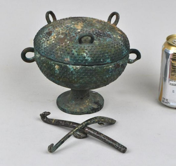 Chinese Early Bronze Vessel, Dou & Belt Hooks