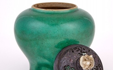Chinese Green Glazed Porcelain Jar with Hardwood Cover and Jade Finial