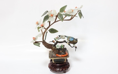 Chinese Planter w Jade and Cloisonne Bird