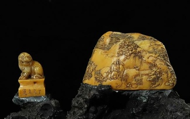 Chinese Qing Dynasty Tianhuang Stone Pine Tree & Figure Seal & Fortune Pixiu Seal w Box