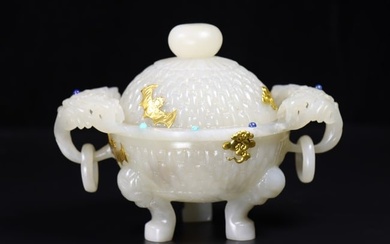 Chinese Qing Dynasty White Hetian Jade Inlay Gem Incense Burner