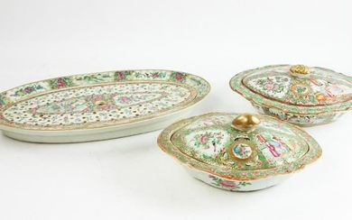 Chinese Rose Medallion Fish Tray and Dishes