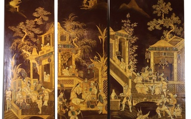 Chinese Set of Five Gilt Brown Lacquer Screens