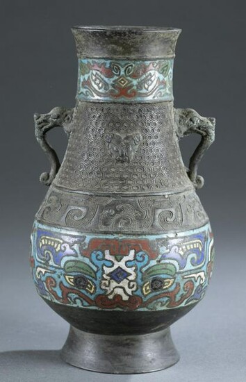 Chinese bronze and enamel double-handle vase.