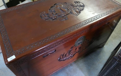 Chinese hardwood blanket box with carved detail and hinged...