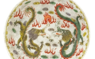 Chinese porcelain dragon dish hand painted in the wucai pale...