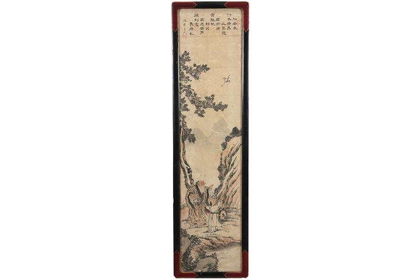 Chinese schildering : "Landschap met Wijze en kind aan boom" - 120 x 28,5 ||framed...