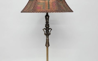 Circa 1920's Hand Decorated Leather Lamp Shade on Art Deco cast lamp base signed FY Co. H 64" dia.