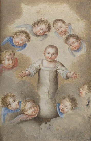 Circle of José de Páez, Mexican 1720-1790- Angels adoring the Christ child; pencil and watercolour on vellum, bears inscription on an old label attached to the backing board, 8.8 x 5.5 cm. Note: See 'Allegory of the Sacred Heart of Jesus' by José...