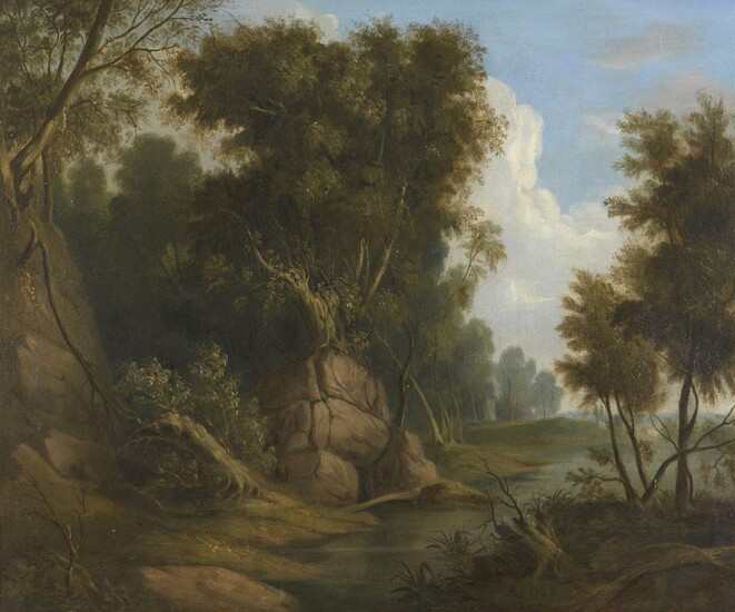 Circle of Thomas Barker of Bath, British 1769-1847- A wooded landscape on the edge of a lake; oil on canvas, 63.5 x 76.5 cm. Provenance: Private Collection, UK. Note: This artist's skilled execution of a romanticised lake-side landscape is likely...