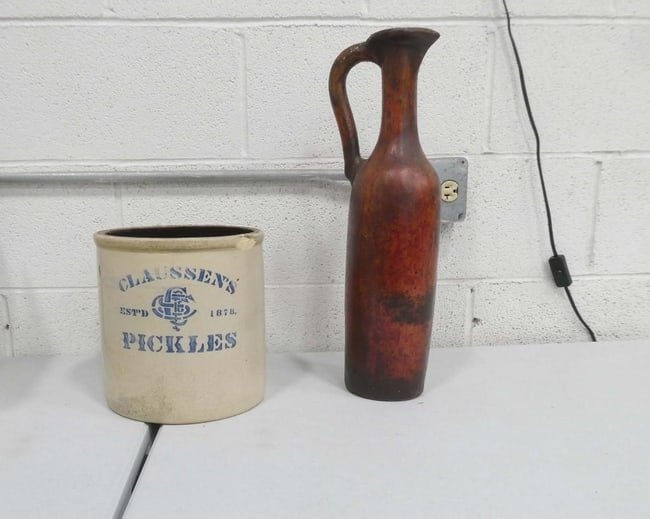 Claussen's Pickles Stoneware Crock and a Pottery Jug