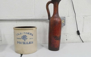 Claussen's Pickles Stoneware Crock and a Pottery Jug