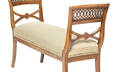 Contemporary Fruitwood Bench with Striped Upholstered Seat
