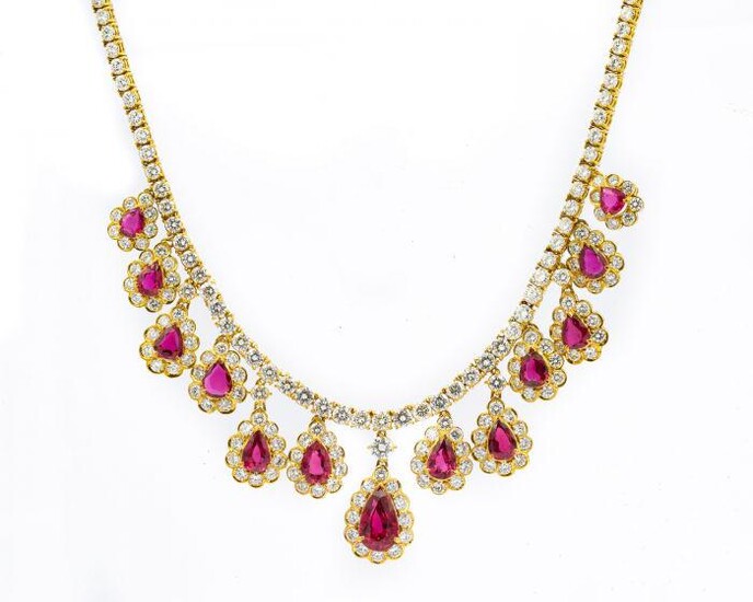 Contemporary Yellow Gold Ruby and Diamond Necklace
