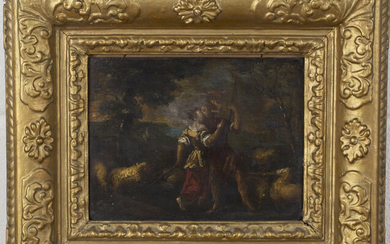 Continental School - Shepherd and Shepherdess kissing in a Landscape, 18th century oil on panel, 17.