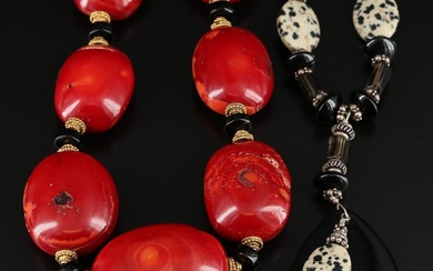 Coral, Dalmation Jasper and Black Onyx Bead Necklaces