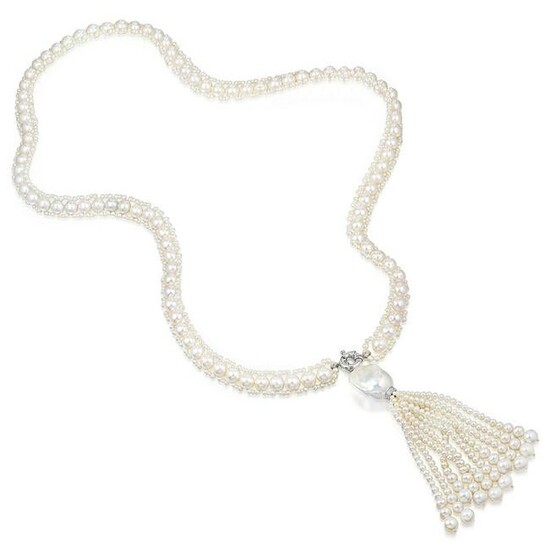 Cultured Pearl and Diamond Long Tassel Necklace