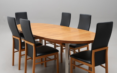 DINING TABLE AND 6 CHAIRS. CHAIRS BY NISSEN & GEHL, BERNSTORFFSMINDE.