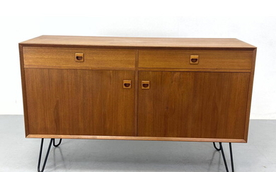 Danish Modern teak credenza with hair pin legs. Signed on back.