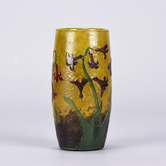 Daum Frères (late 19th Century) French Art Nouveau etched and enamelled cameo glass vase. Japanese inspired beaker shaped vase with red & purple flowering design against a yellow field, signed Daum Nancy and with the Cross of Lorraine. Circa 1900 -...