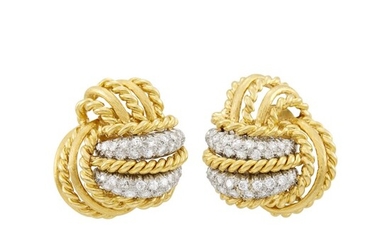 David Webb Pair of Gold, Platinum and Diamond Knot Earclips