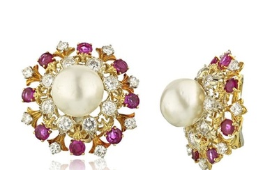 David Webb Platinum Pearl Diamond & Ruby Earrings