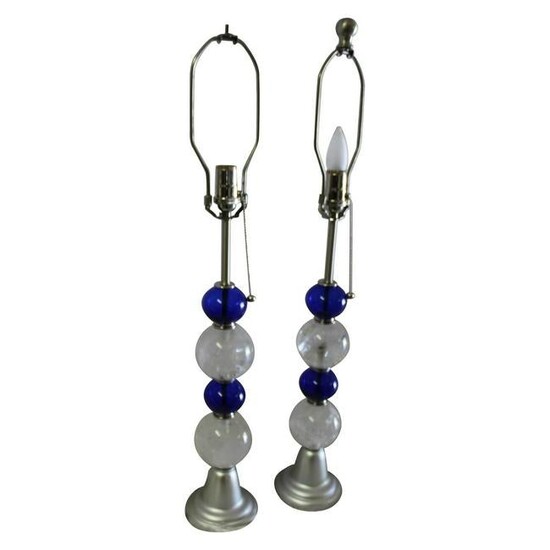 Deco/Modern Rock Crystal and Cobalt Blue Glass Lamps