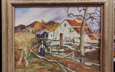 Dennis Gilbert Folk Art O/B Painting Farmer on His Farm
