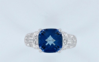 Designer 14K White Gold, Clear Gemstone, and Blue Glass Ring